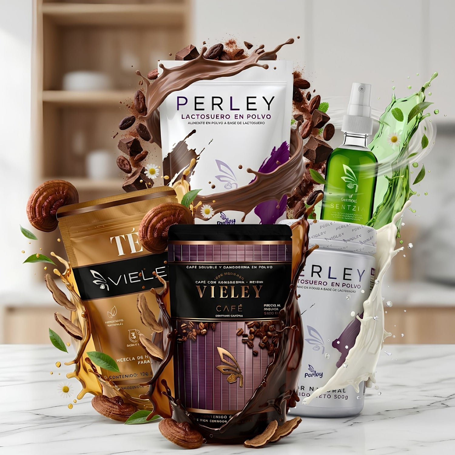 Colección de productos Vieley: lactosuero en polvo Perley, café con ganoderma, té de hierbas y hongos, y spray Sentzia sobre una mesa.