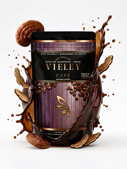 Empaque de Café Soluble con Ganoderma (Reishi) marca Vieley, 100% mexicano.
