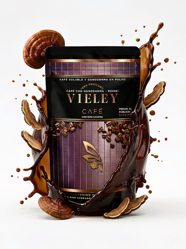 Empaque de Café Soluble con Ganoderma (Reishi) marca Vieley, 100% mexicano.