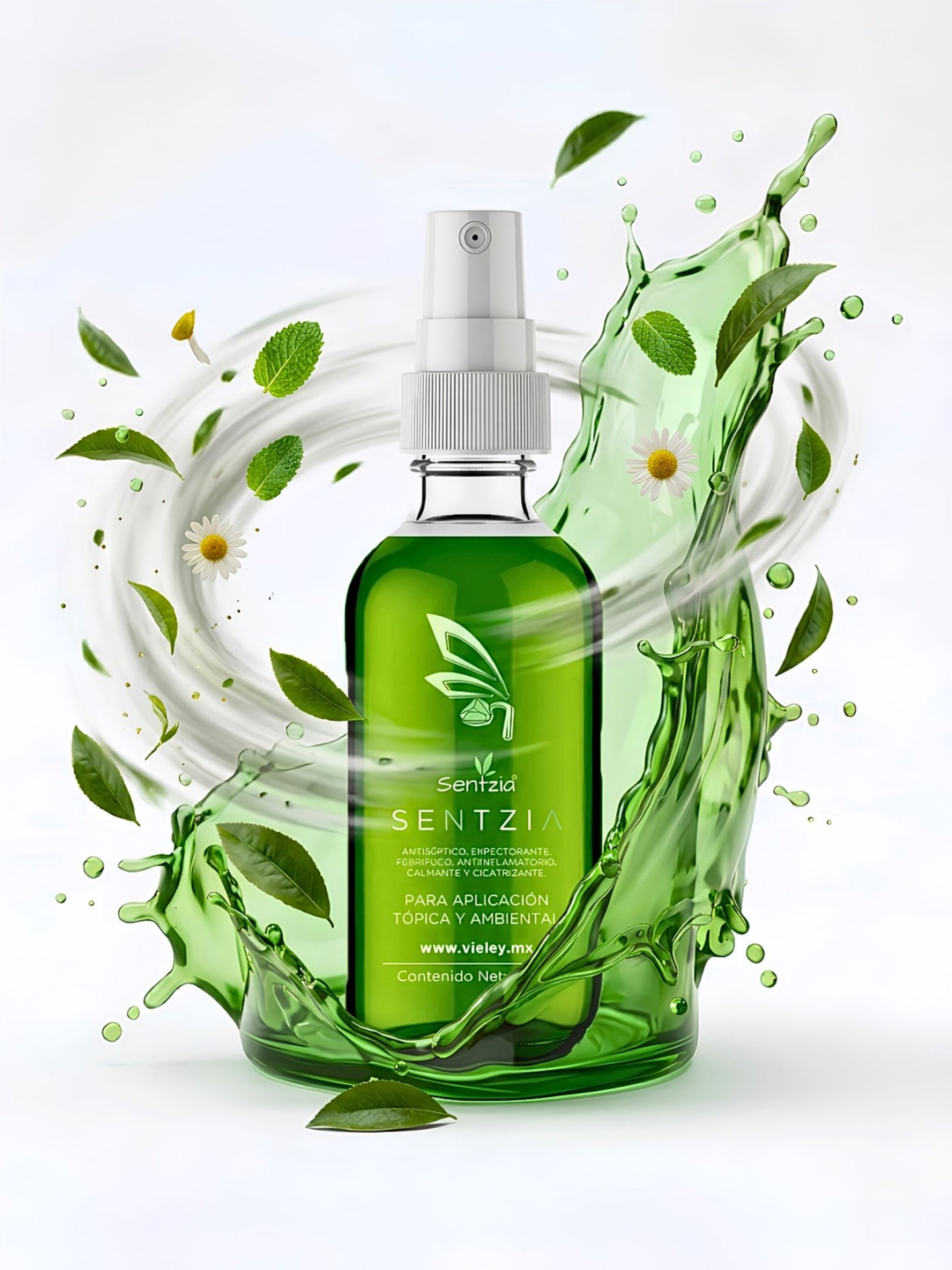 Spray Sentzia de Vieley, solución natural con eucalipto, mentol y alcanfor para aplicación tópica y ambiental.