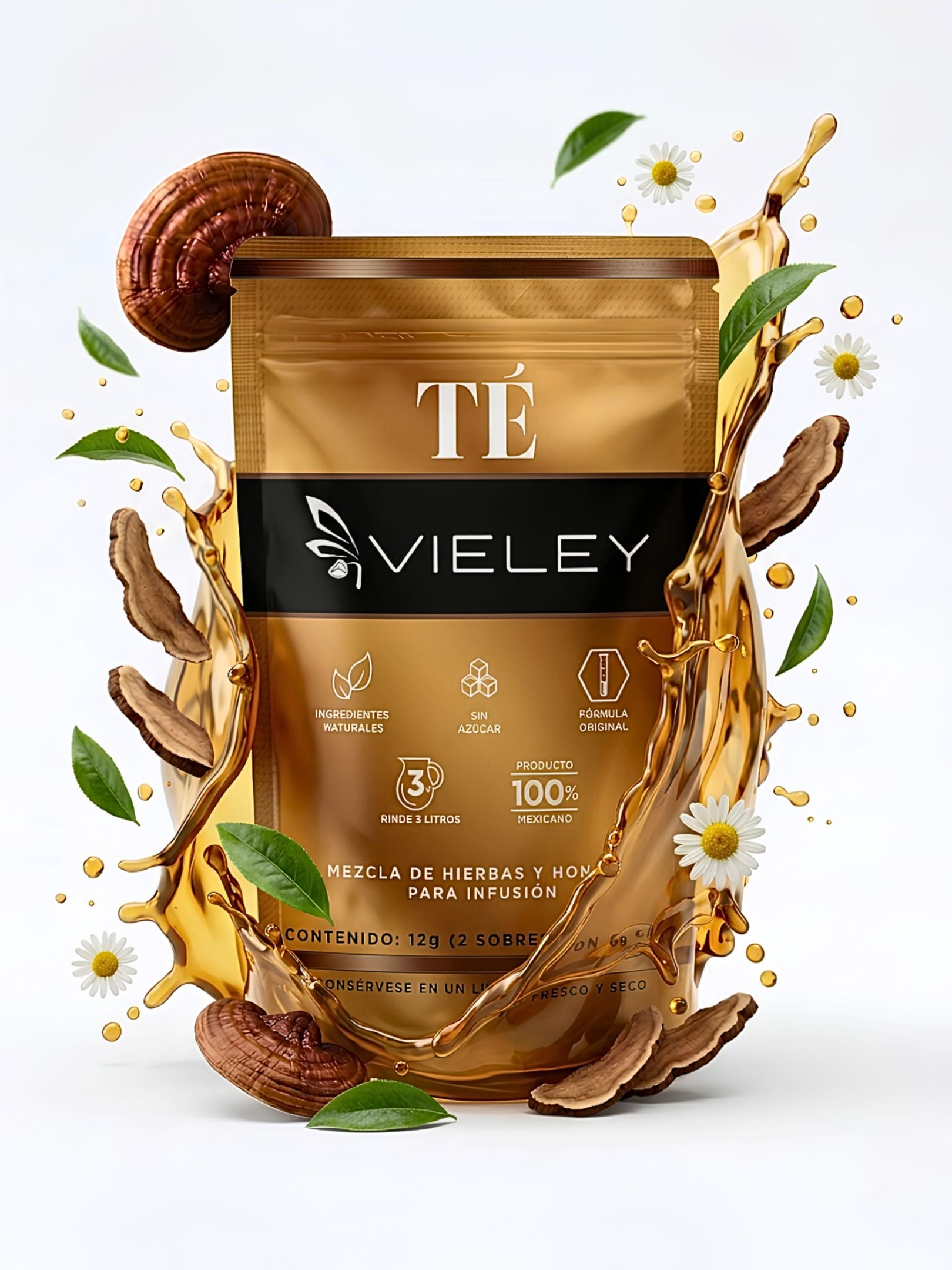 Empaque de Té Vieley, mezcla de hierbas y hongos para infusión, 100% mexicano, rinde 3 litros.