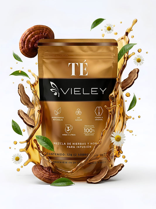 Empaque de Té Vieley, mezcla de hierbas y hongos para infusión, 100% mexicano, rinde 3 litros.
